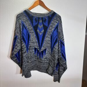 Sostanza Fashion Police Sweater L Blue Gray Graphic Knit Vintage Y2K Retro